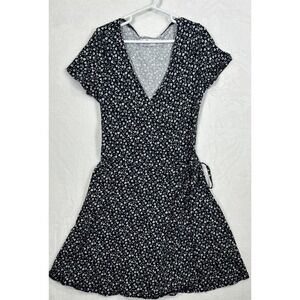 Hollister Womens Navy Blue Floral Print Wrap Dress XS Short Sleeve Cotton‎